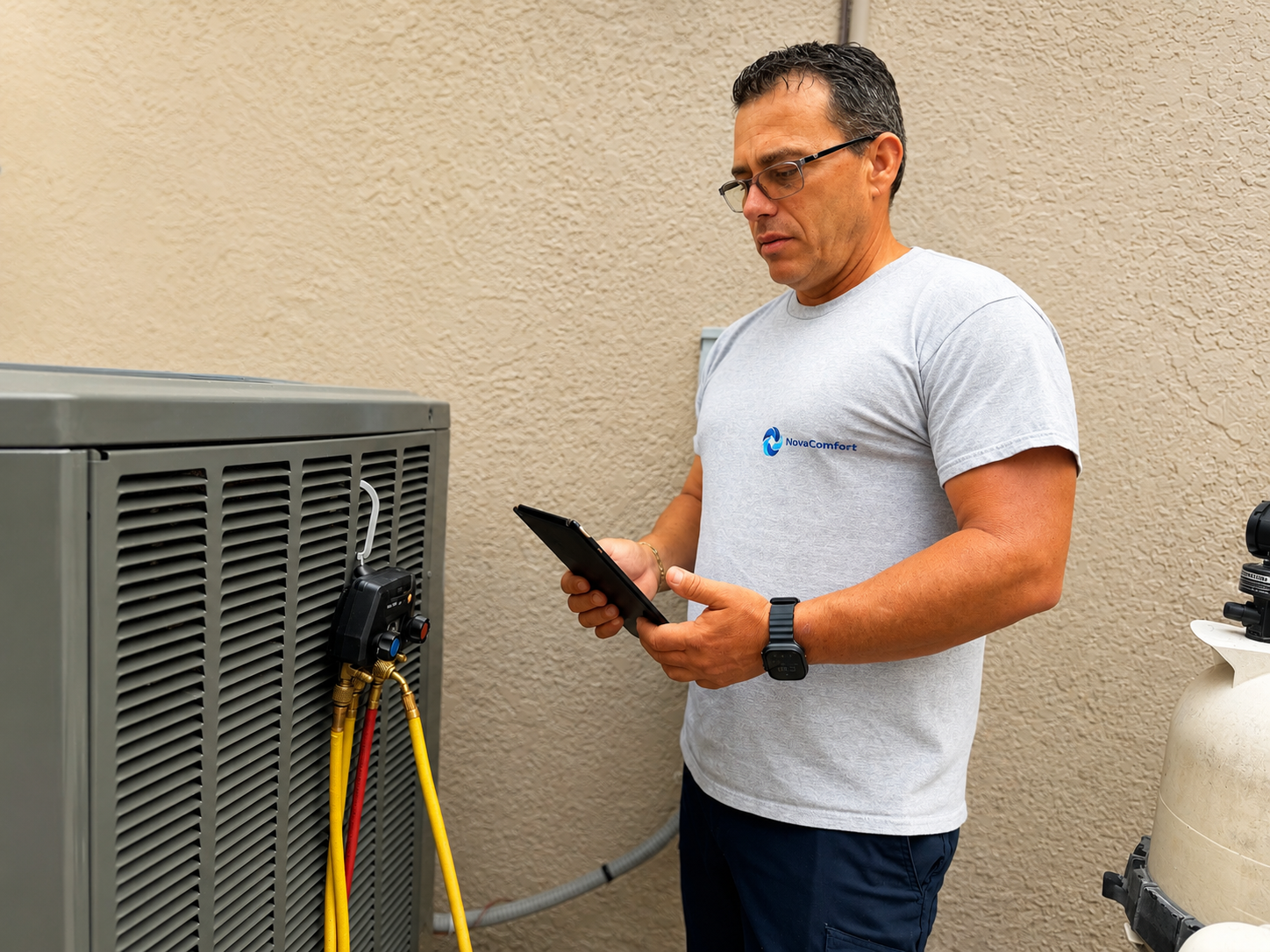 NovaComfort technician diagnosing AC unit with tablet