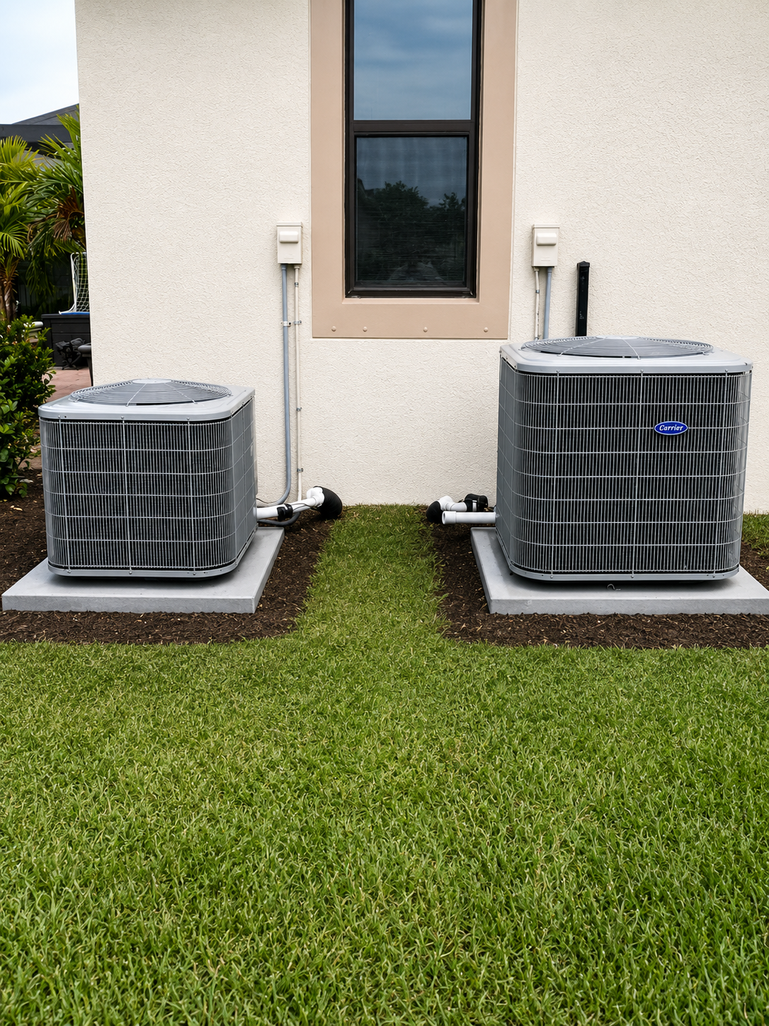 Two new Carrier AC condenser units installed beside a Florida home