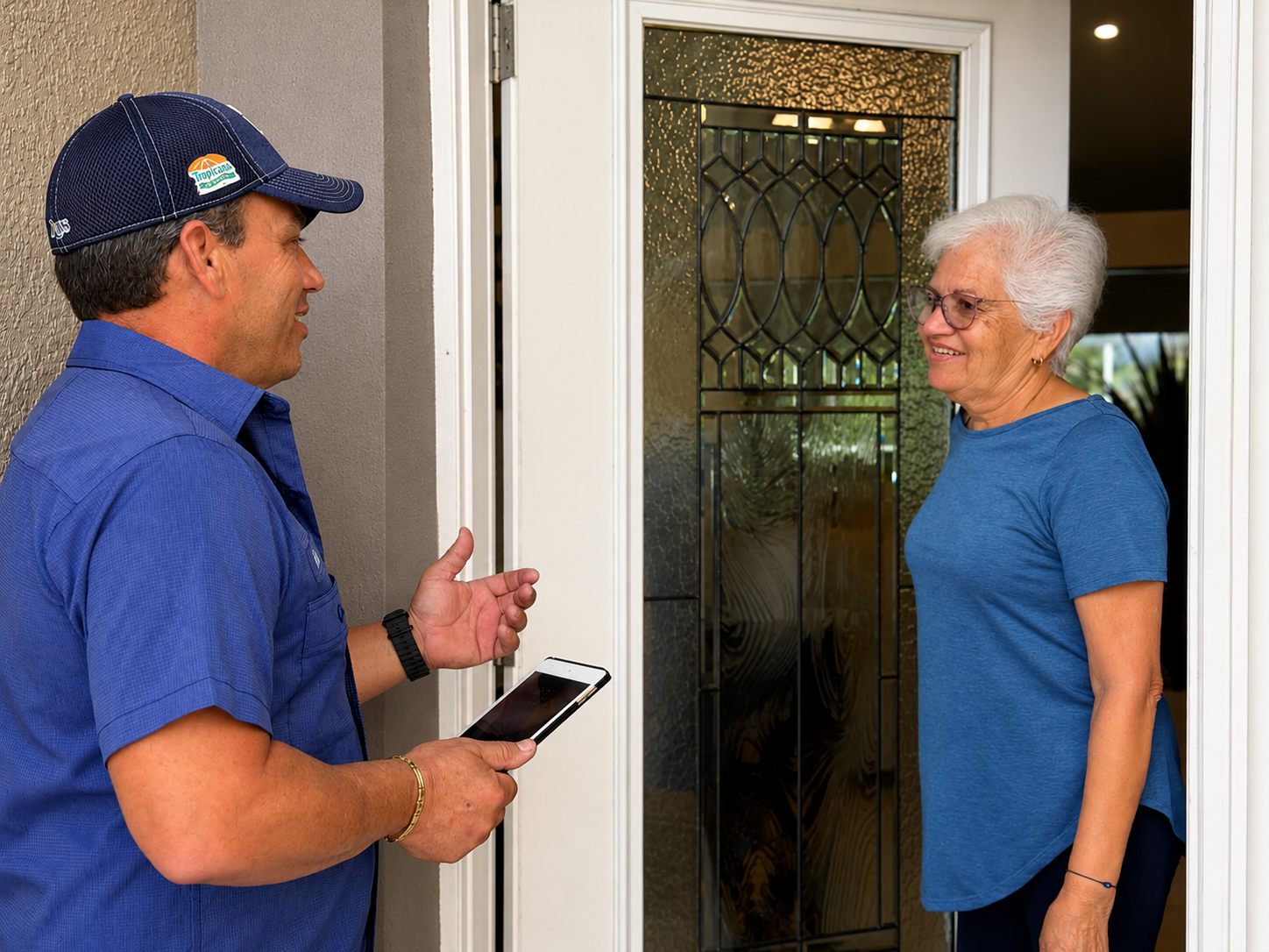 NovaComfort technician inspecting an outdoor AC unit with a tablet