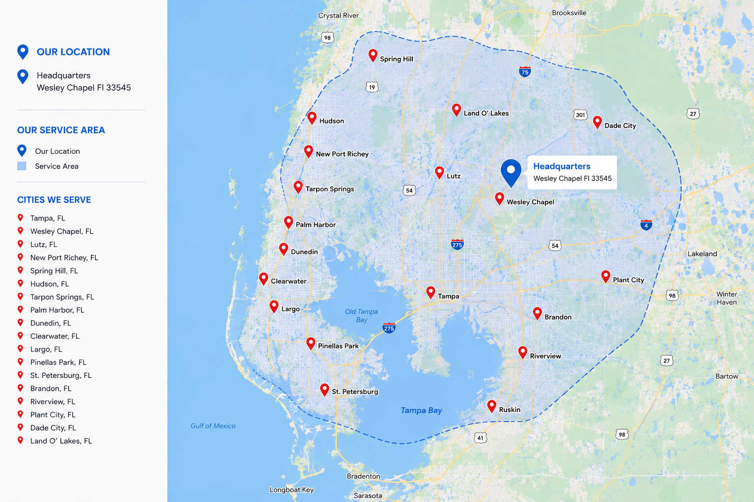 NovaComfort service coverage area across Tampa Bay — Wesley Chapel headquarters with pinned cities including Tampa, Brandon, Riverview, Plant City, Clearwater, St. Petersburg, Dunedin, Largo, Palm Harbor, Tarpon Springs, Spring Hill, Hudson, New Port Richey, Lutz, Land O' Lakes, Dade City, Pinellas Park, and Ruskin.