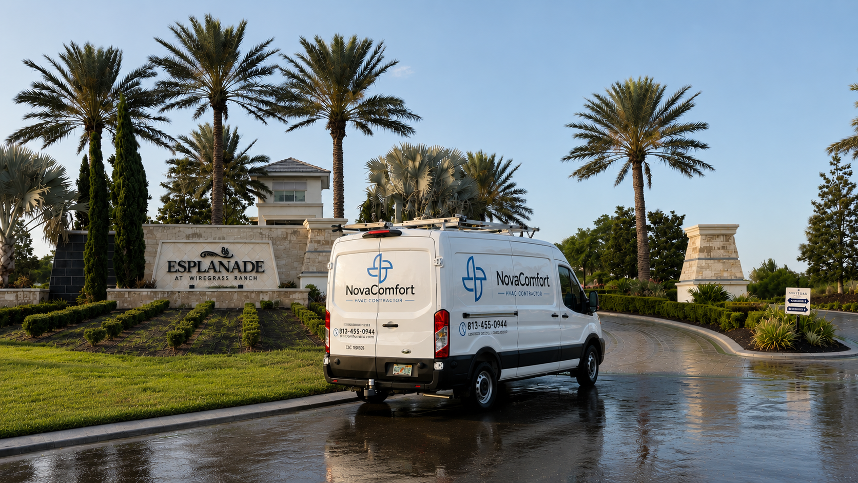 NovaComfort HVAC service van at Esplanade at Wiregrass Ranch