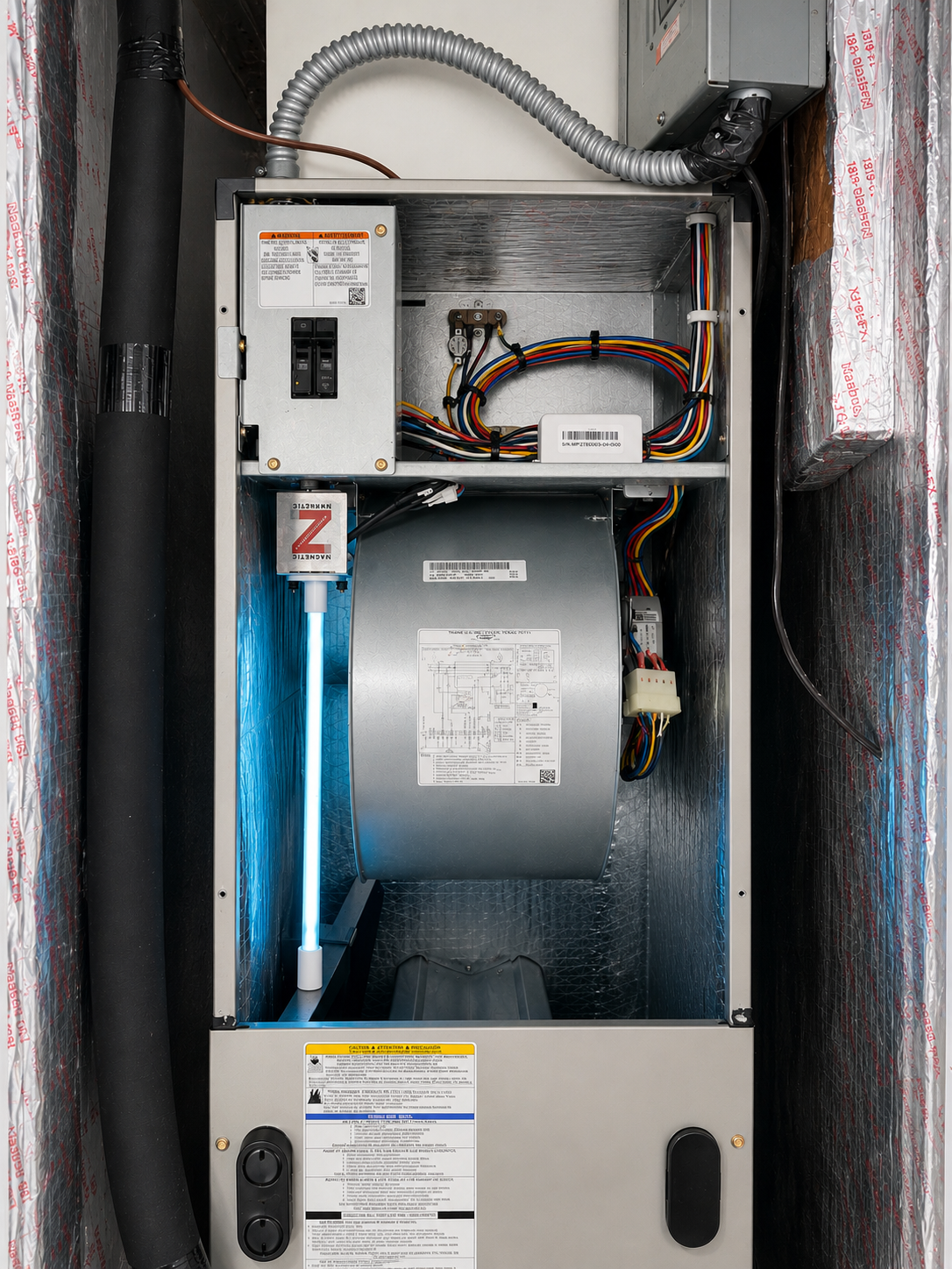 Indoor AC air handler and furnace unit installed in a utility area