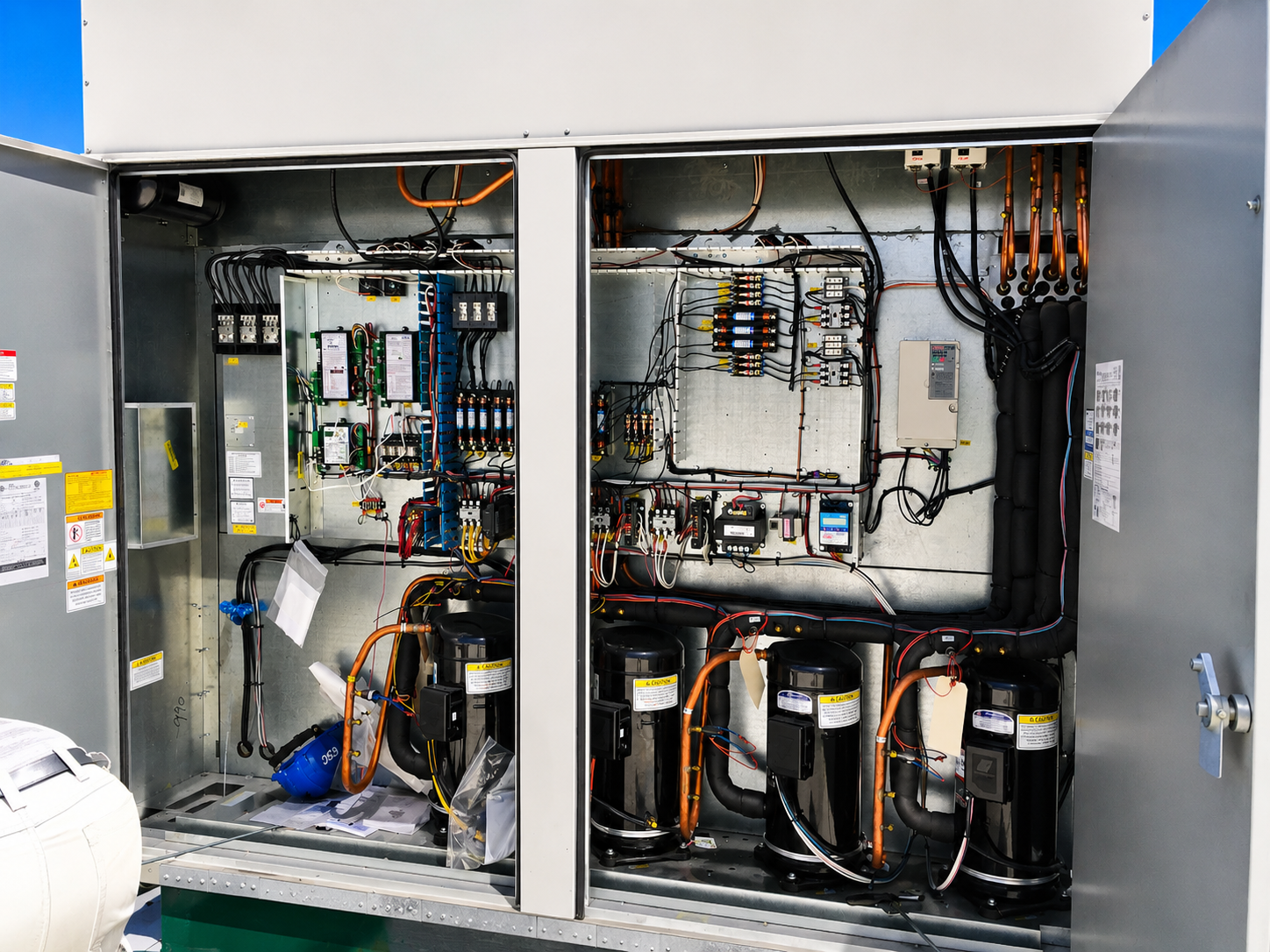 Interior of an industrial HVAC system with controls and components