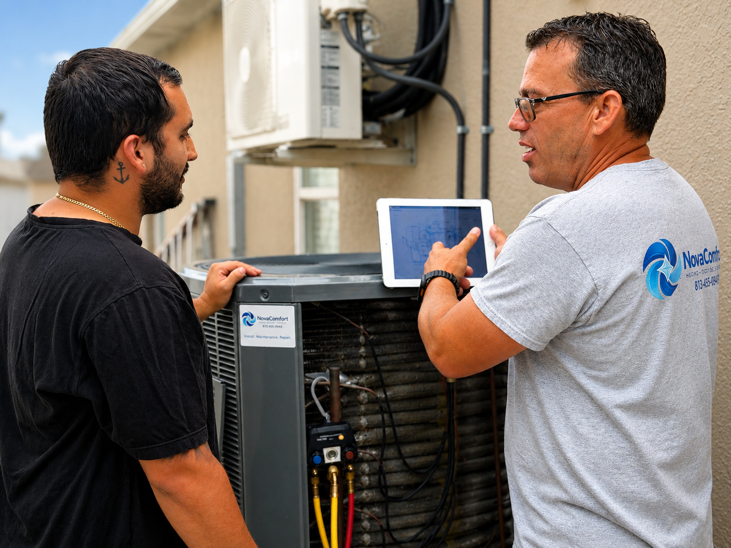 NovaComfort technician walking a homeowner through the AC diagnostic results on a tablet
